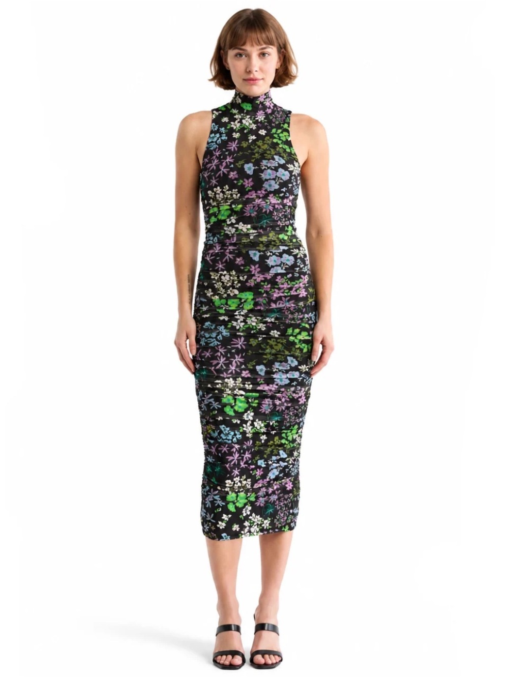 AFRM Black Mock-Neck Floral Midi Dress with Green, Purple and Blue Print